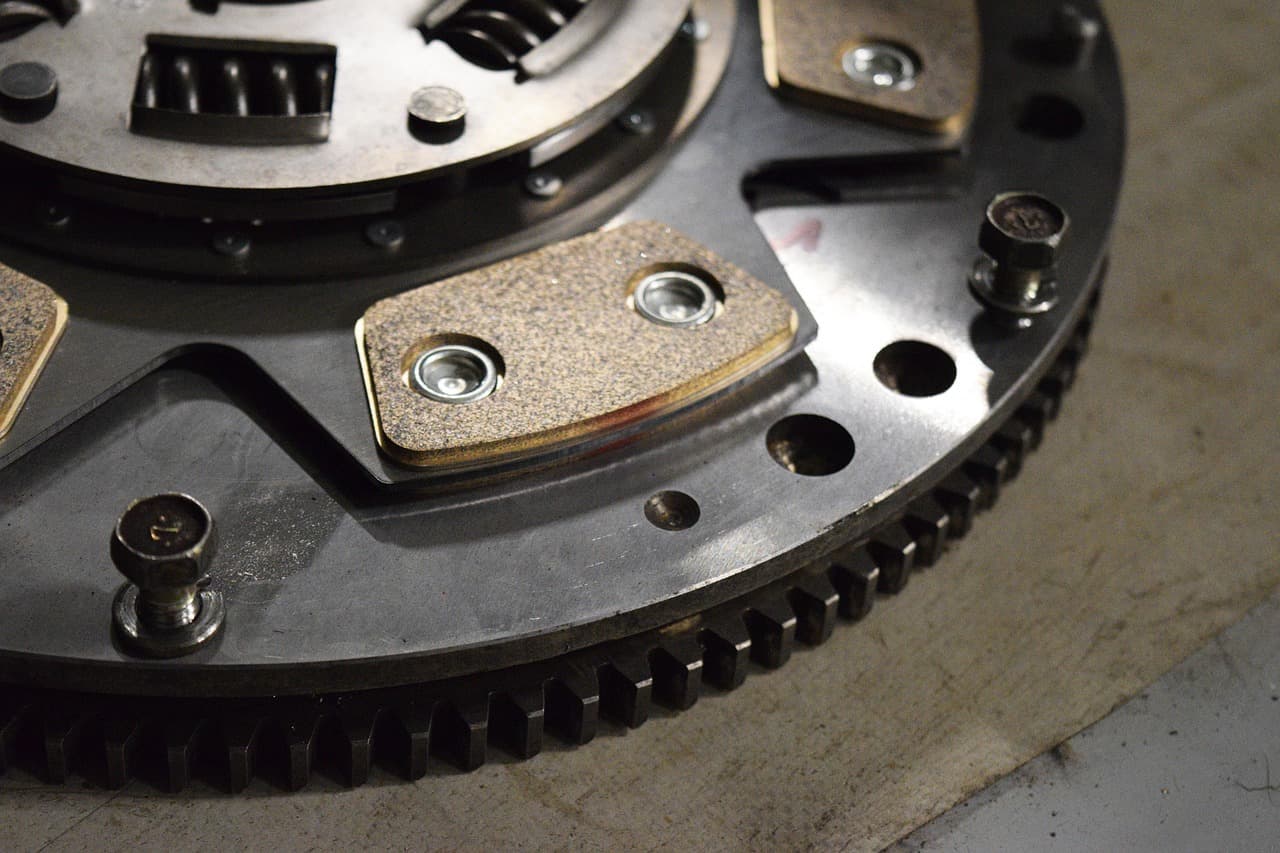 A clutch plate on a flywheel